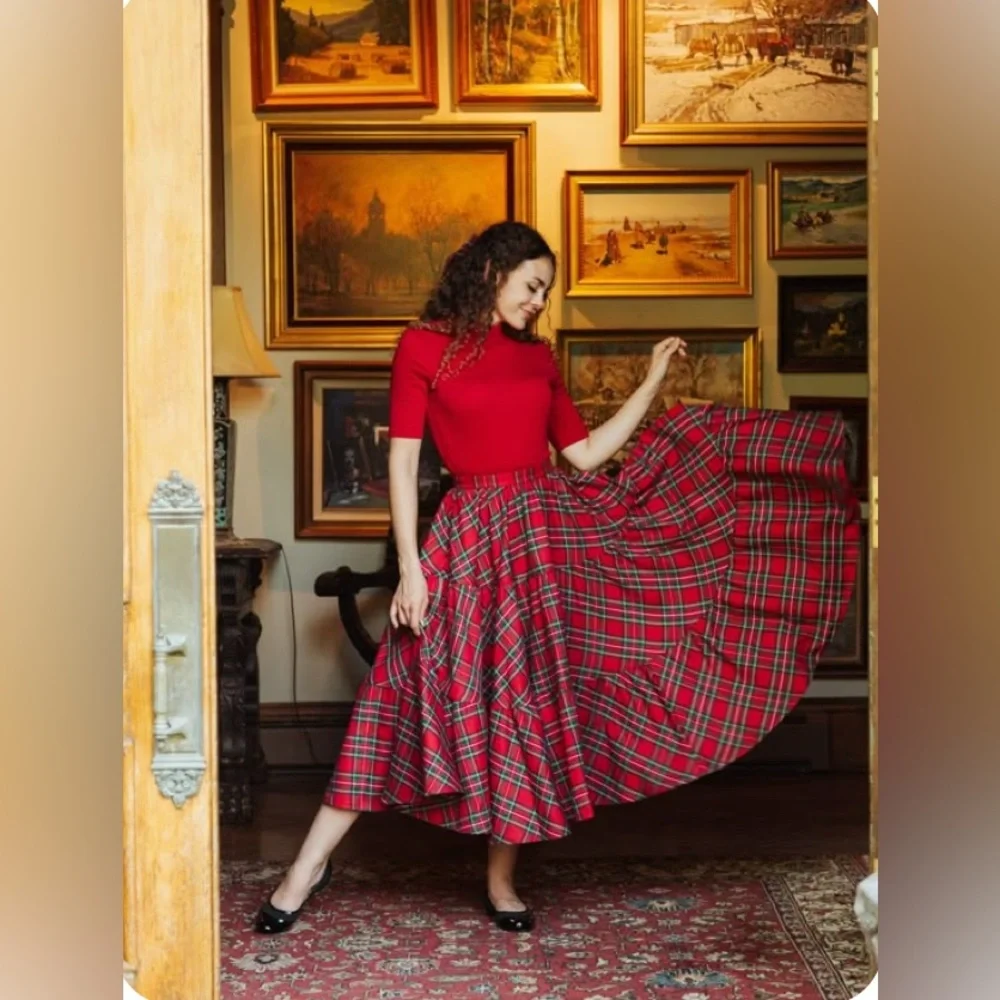 Plaid Red Tartan Maxi Full Skirt with pockets no name approx. size XL see meas. - Picture 9 of 10